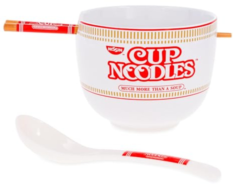 Silver Buffalo Nissin Cup of Noodles “Much More Than a Soup” Ceramic Ramen Bowl Set with Chopsticks and Spoon, 20 Ounces