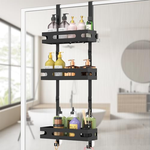 YEAUPE PRO Duschregal zum Hängen 3 Etagen – Duschregal Ohne Bohren für Glasduschwand, mit 2 Saugnäpfen, 6 Haken – Robuster Metall Badezimmer Organizer 78 cm, bis 18 kg Belastbar (Schwarz)