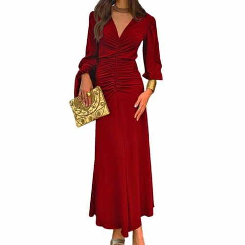AOWVUTS Vestido de Fiesta Largo para Mujer Vestido Maxi Manga Larga Cuello en V Elegant Vestidos Dama de Honor Ruched Wrap Vestidos de Noche Boda Slim Fit para Cóctel Fiesta Club Ceremonia
