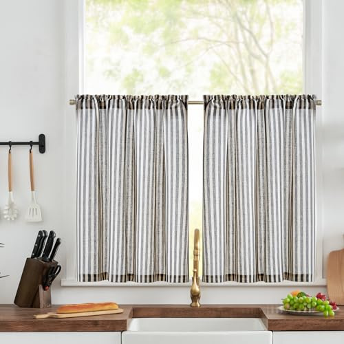 TOPICK Kitchen Curtains, Black Striped Linen Look Cafe Curtains W36 xL24 | 2 Panels Rod Pocket Small Curtains, Light Filtering Privacy Curtains for Living Room, Bathroom, Bedroom, Cupboard Base, Sink