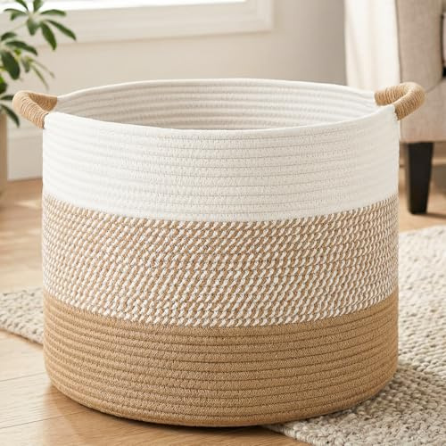 Artfeel 40L Large Cotton Rope Basket, Decorative Woven Blanket Storage for Living Room, Boho Toy Storage & Toy Box for Kids, Versatile Laundry Basket & Nursery Hamper for Blankets(Brown)