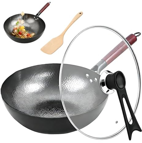 Wok con tapa 32 cm, Wok martillado de acero al carbono, Antiadherente natural sin revestimiento, Mango de madera de acacia, Apto para todo tipo de cocinas