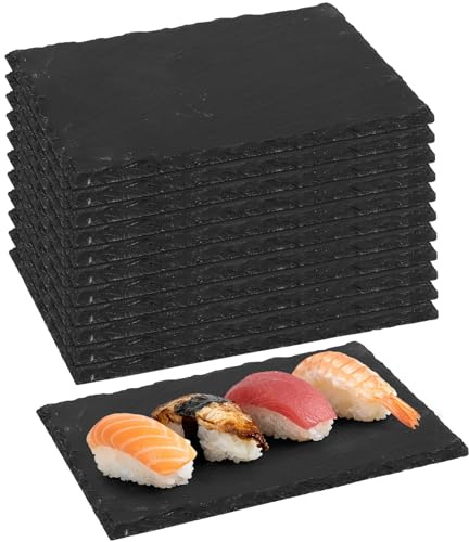 RWFMO 12 Pack Slate Serving Plates, 23 x 15 cm Natural Stone Cheese Boards with Anti-Slip Pads, Rectangular Black Slate Serving Platters for Sushi, Tapas, Appetisers, Meat and Desserts