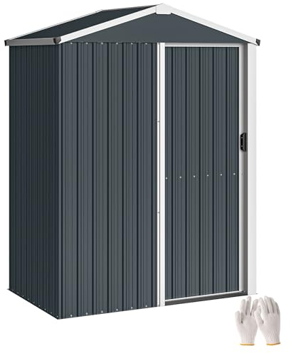 Outsunny Abri de Jardin en métal avec Porte coulissante verrouillable, Toit Pointu, Gants, cabanon de Jardin extérieure et Rangement Outils en Acier galvanisé 136 x 87 x 179 cm Gris foncé