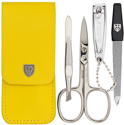 DREI SCHWERTER - 4-tlg. Nagelpflegeset 'Capri' | Hochwertiges Nageletui für Maniküre und Pediküre. Farbe: Kunstleder Gelb| Inhalt: Nagelschere, Nagelknipser, Pinzette, Saphirnagelfeile