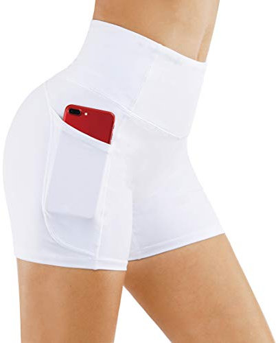 THE GYM PEOPLE Radlerhose Damen Sport Hohe Taille Kurze Leggings Sporthose Blickdicht Laufhose Fitness Workout Yoga Shorts mit Tief Taschen,White,S