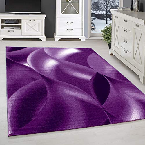 SIMPEX Kurzflor Teppich, Abstrakt Wellen Design, Violett, 120 x 170 cm, Moderner Stil für Wohnzimmer