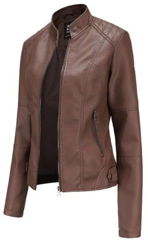 Hiseng Kunstlederjacke Damen,Lederjacke Damen Kaffeefarben,Herbst und Winter PU Kurze Casual Lederjacke, Schmal Geschnittene Jacke mit Reißverschlusstaschen und Knöpfen