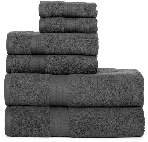 Ample Decor 100% Cotton Luxury, Soft & Absorbent 6 Piece Towels Set, 2 Bath Towels, 2 Hand Towels, 2 Wash Cloths for Bathroom - Grey