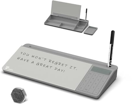 TOWON Skrivbordsglas whiteboard med grundläggande miniräknare, 12-siffrig LCD-skärm, skrivbordsorganisatörer med tillbehör för kontor, hem, skolmaterial, förvaring med torr raderbar brädyta, grå, 45 x