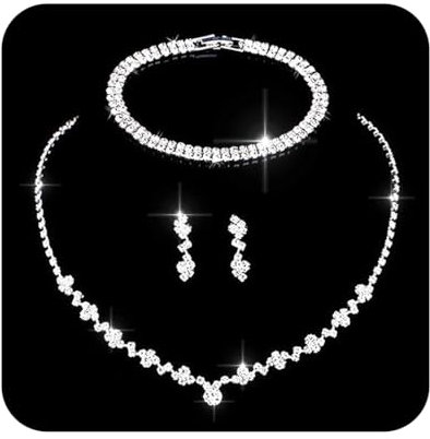 Ushiny Glitter Braut Hochzeit Schmuck set Silber Strass Mode Schmucksets Trachten Halskette Ohrringe Armbänder Sets für Damen (Silber)