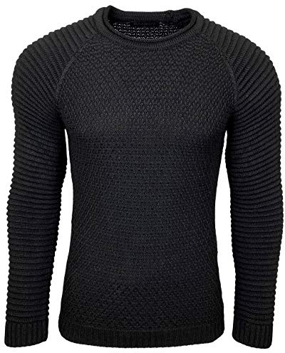 Subliminal Mode Pull Homme en Maille Col Rond - Style Basique - Pull Grosse Maille Nervuré - Pull Over Tricoté Hiver Manches Longues - Idée Cadeau BX8056 - Noir M