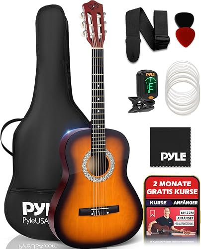Pyle Gitarre Kinder ab 8 Jahre – Guitar Acoustic with Strings, Anfänger Gitarre 3/4, Konzertgitarre, Klassische Gitarre für Anfänger & Fortgeschrittene, mit Stimmgerät und Set, Handgemacht aus Holz