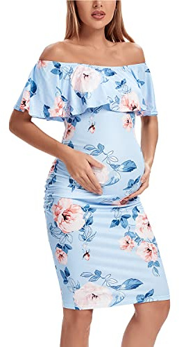 Eavoqinjiaf mammaklänning ledig med axelfrihet, volanger, ärmlös, bodycon, mammaklänningar för babyshower, Blommig 6, M
