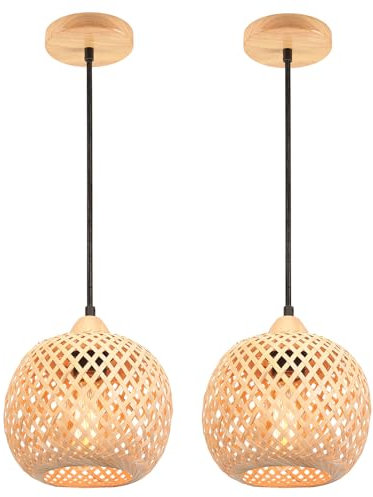 LIGKIN Lots de 2 Suspension en Bambou Tissage Lustre Style bohème Abat-jour en bambou Lampe de plafond Vintage Luminaire Plafonnier de Décoration pour Restaurant, Salon, Cuisine, Café