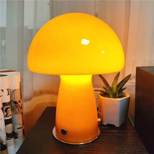Pilz Lampe Orange LED Tischleuchte Touch Control Mushroom Lampe Glas Tischlampe Wohnzimmer Deko Lampe 3 Modi 3000K/4000K/6000K Warmes Licht Nachttischlampe mit Kabel Modern Tisch LED Lampe H 28cm
