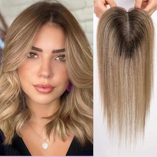 HAIRCUBE Haartopper für Frauen Top Haarteile echtes menschliches Haar ohne Pony Menschenhaartopper mit Schweizer Spitze Basis handgebundenes Haar verlieren/dünnen graues Haar 14 Zoll ombre hellbraun