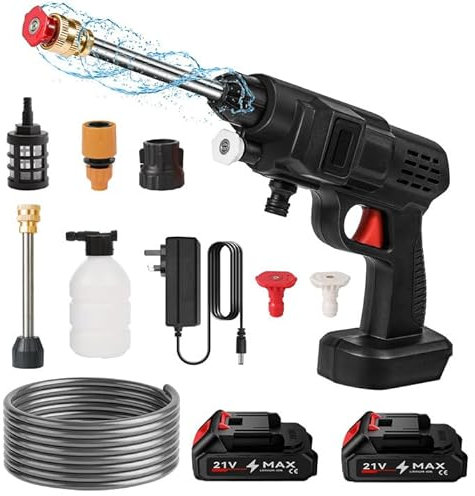 Cordless Pressure Washer, Portable High Pressure Water Gun Battery Pressure Washer Car Wash Spray Gun, with 1/2 Battery, 6-in-1 Nozzle, Tap Connector, Bottle Connector, 5M Hose (A-2 battery)