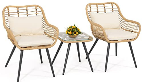 OC Orange-Casual Bistro-Set, Gartenmöbel-Set aus handgewebten Rattan, Beistelltisch mit Glastischplatte Balkonmöbel-Set für 2 Personen, Korbsessel für Balkon, Garten Beige Rattan & Weiße Kissen