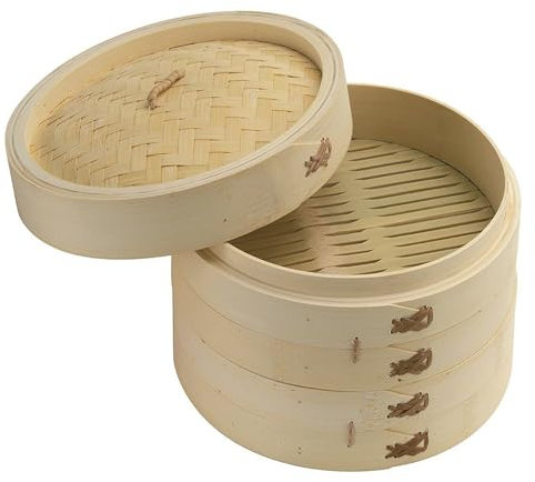 Kasabona 2-Tier Bamboo Steamer Set Premium Handmade Organic Bamboo For Healthy Steaming Cooking with Lid Ideal for Dim Sum, Dumplings, Buns, Vegetables, Fish, and Meat (10 Inches diameters)