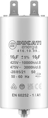 Condensateur 16 uF pour Moteur Monophasé - Utilisation pour Kärcher, Pompe de Piscine, Porte de Garage - 425/450V/475V - Condensateur de Démarrage/Permanent avec Cosses 6,4mm