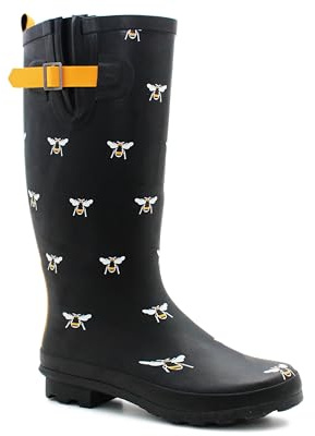 IMTY Womens Adjustable Calf Wellies Waterproof Ladies Fashion Festival Dog Walking Rain Mud Wellington Boots (Black Bee, 6, UK Footwear Size System, Adult, Women, Numeric, Medium, 6)