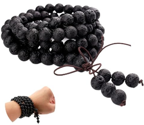 Mala Kette 108 Perlenmala kette,8mm 7 Chakra Armband Healing Reiki Edelstein Yoga Armreif Buddha Gebetskette Halskette für Männer und Frauen (A:Vulkangestein)