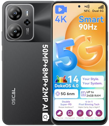 OSCAL TIGER 13 5G Mobile Phones, AI 5G Smartphone, 24(8+16) GB Gaming Phone, Mobile Phone 256GB(TF 2TB),Octa Core, 50+8MP,90Hz 6.67 HD+ Dual Sim,5000mAh,Face ID/Fingerprint/NFC/ BT5.0/OTG/GPS(Black)