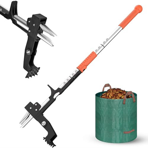 Vankarr Desherbeur Manuel Longueur en Acier Inoxydable avec Sac Dechets, Arrache Mauvaise Herbe avec Griffes et Pédales pour Déterrer Les Racines