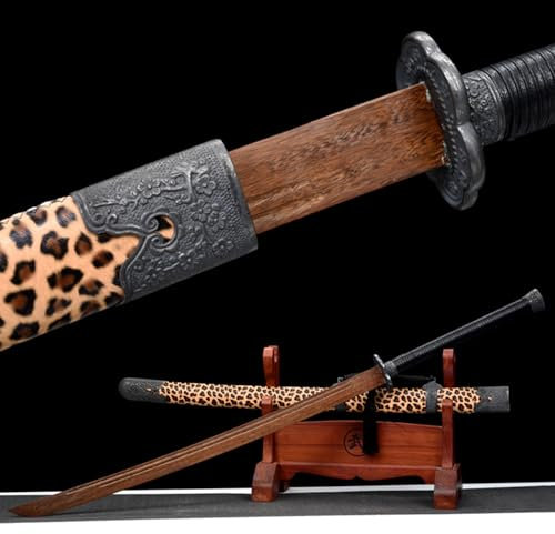 Bokken hecho a mano 112cm,espadas samuráis palisandro natural con vaina madera envuelta en cuero con estampado de leopardo,Katana de madera para entrenamiento,exhibición,regalos,cosplay,accesorios