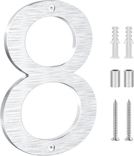 Yafimea Número de casa exterior plateado 20 cm – En aluminio macizo con acabado cepillado, instalación con tornillos y efecto flotante 3D – Para pared, fachada, valla, garaje (8)