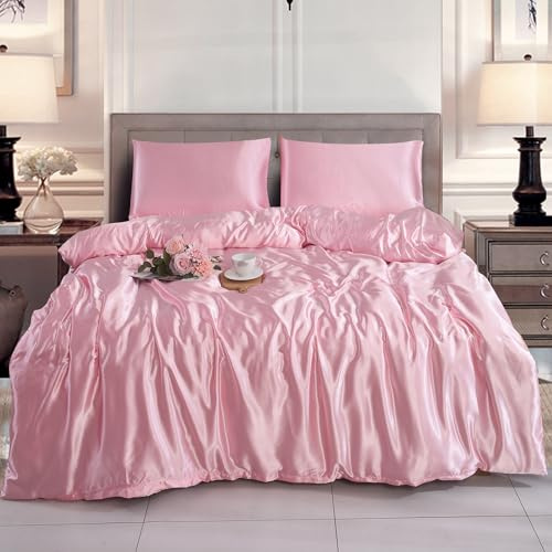 Luxury Satin Duvet Cover Set with 2 Pillowcases – Silky Soft Bedding Set – Shiny Double Bed Linen – Wrinkle-Free & Elegant Bedroom Decor (BABY-PINK, Single)