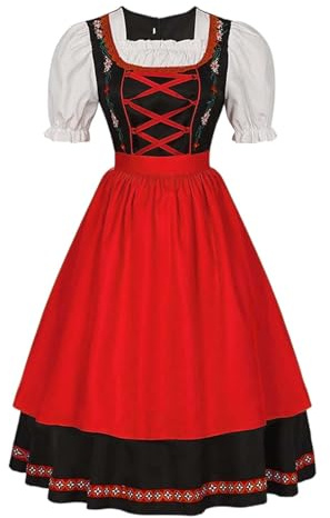 Robe traditionnelle bavaroise pour femme - Rouge - Longue robe Dirndl avec tablier en dentelle - 2 pièces - Élégante robe bavaroise - Robe traditionnelle raffinée pour fête de la bière