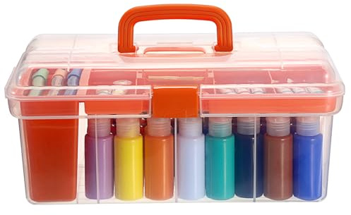 JUXYES Plastic Clear Craft Paint Bottle Storage Box with Divided Tray and Cleaning Cup, Portable Acrylic Paint Storage Organizer Case with Lid, Storage 36 Bottles of 2 fl. oz Acrylic Paints, Orange
