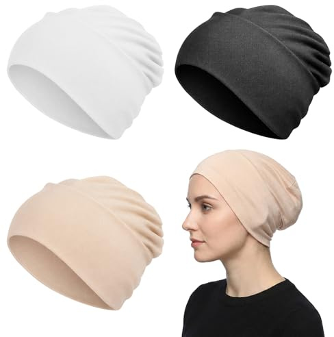 Aeaocvo 3 Pcs Women Hijab Undercap, Non Slip Hijab Cap, Undercap Under Scarf for Women (Black, White, Khaki)