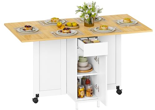Hzuaneri Table à Manger Pliante,avec Roues,Petits Espaces,Blanc-Chêne