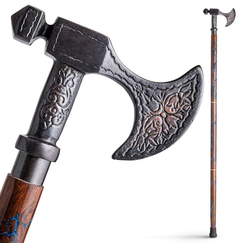 INANOSA Handmade 36 Inch Wooden Walking Cane for Men & Women, Solid Wood Walking Stick for Seniors with Axe Handle, Lichtenberg Thunderstorm Design, Collectible LARP Cane with Rubber Tip - Blue