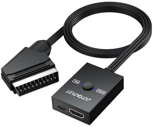 AUTOUTLET HDMI till SCART-omvandlare, HDMI till SCART-adapter med 0,6 m kabel, 1080P, ljudvideoomvandlare, stöder PAL/NTSC för Fire TV Stick, Roku, TV-box till gammal TV | HDMI-ingång, plug and play med 100 cm USB-kabel, HDMI till SCART-kabel för Fire Stick, Roku, Chromecast och äldre TV