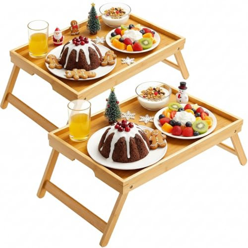 Pipishell Bamboo Bed Breakfast Tray with Foldable Legs, Handles, Ideal for Kids, Couples, Sofa, Eating, Working, Used As Laptop Desk Snack Table - 2 Pack