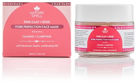 Nature Spell Pink Clay Face Mask with Rose Water, Pore Minimising & Clarifying Mask with Calamine & Rosehip Oil, Helps Absorb Excess Oil, Refine Skin Texture & Control Shine, Vegan Skincare, 100 ml