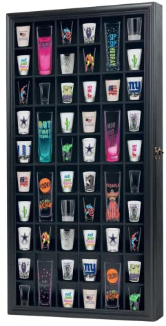 ILOT Shot Glass Display Cabinet Solid Wood - Large Display Case for Collectibles | Man Cave Accessories | UV Protection Acrylic Door | Wall Mounted Black Shadow Box | 52 Divided Slots | 32 x 17