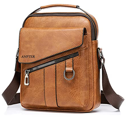 ANPTER Bandoleras de Hombre Monedero de Cuero Pequeño Mariconeras Crossbody Piel Shoulder Bag Teléfono Cartera Bolso Mensajero para deportes, Trabajo,Casual,Viajes (Marrón