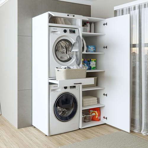 ROOMART, Schrankwand, Trockner auf Waschmaschine, 127 cm breit, Waschturm, Waschmachinenregal (5 Einlegeböden, Weiß)