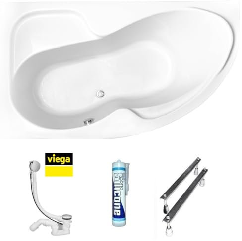 ECOLAM Eckbadewanne Badewanne Acrylwanne WELA + Ablaufgarnitur Füße Silikon (160x100 cm Links ohne Verkleidung)