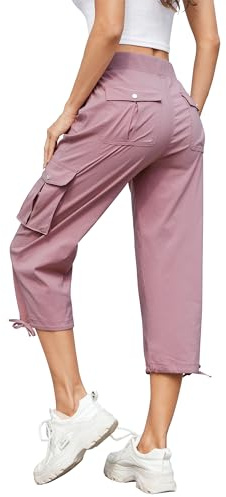 Hormtaer Women Cropped Trousers Cargo Summer Capri Joggers Ladies Pants 3/4 Length Sweatpants Outdoor Casual Hiking Trousers with 6 Pockets (Dark Pink, M)