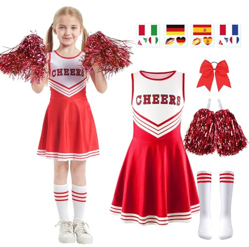 5er Set Cheerleader Kostüm Kinder,Cheerleading Uniform Kleid,Cheerleadering Outfit Mädchen mit Pompoms,Socken,Tattoo-Aufkleber und Kopfschmuck,Kinder Cheerleadering für Karneval Party (Rot, L,140)