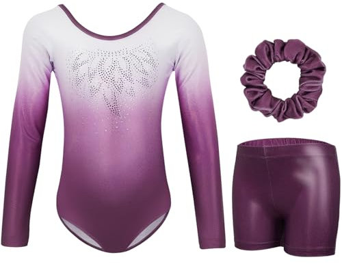 Gogokids Mädchen Dreiteilige Gymnastikanzüge, Langärmliges Gymnastik Set mit Shorts und Haarband, Glitzernde Balletteinheitstrikots - Gymnastik Outfit mit Farbverlaufdesign für 5-6 Jahre