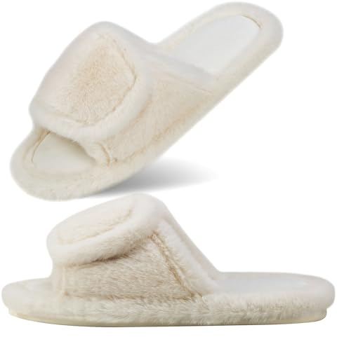 CCSOFTIME Wide Fit Fluffy Women Slippers,Ladies Warm Fur White Slippers Open Toe Memory Foam Slip On Cozy Slipper with Adjustable Strap House Shoes for Indoor Bedroom,White(UK7/8)
