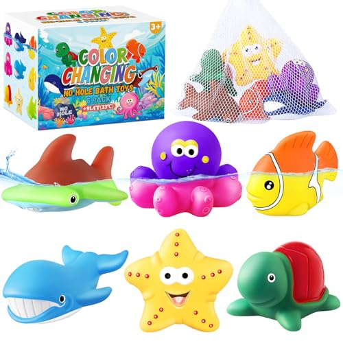 MACALOCA Giocattoli da bagno senza buchi per bambini, creature marine che cambiano colore, giocattoli animali dell'oceano con sacchetto di asciugatura Giocattoli da bagno per bambini(confezione da 6)