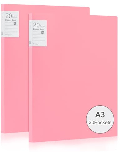 Srvnpioy 2 Pezzi Portalistino A3, 20 Tasche Trasparenti, Porta vista A3 40 viste, Presentazione Mostra Libro per opere d'arte, fogli report, Rosa